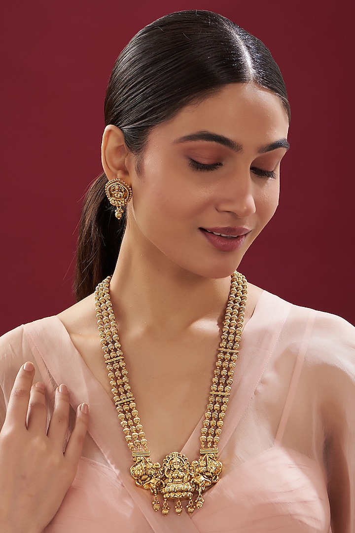 Gold Finish Temple Long Necklace Set by VASTRAA Jewellery