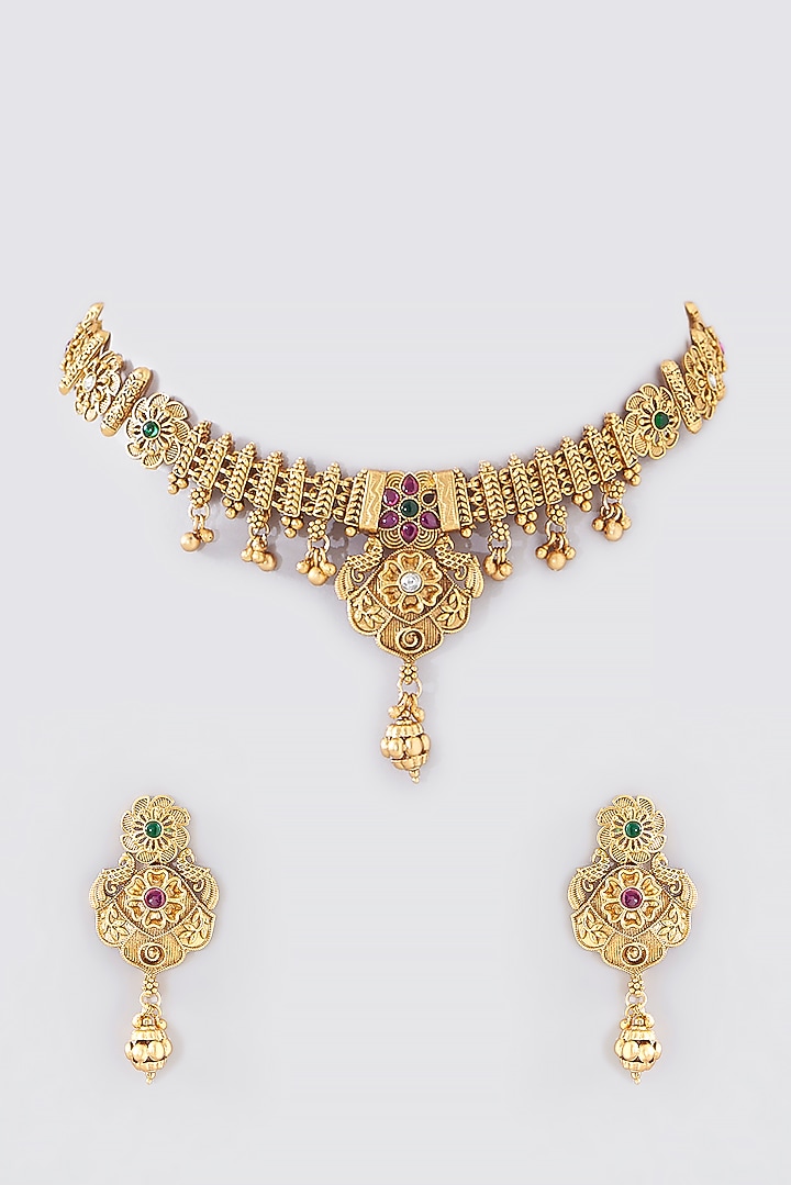 Gold Finish Kundan Polki Temple Choker Necklace Set by VASTRAA Jewellery at Pernia's Pop Up Shop