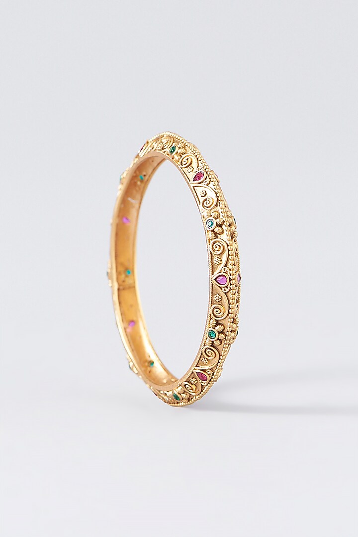 Gold Finish Kundan Polki Temple Bangles (Set Of 4) by VASTRAA Jewellery at Pernia's Pop Up Shop