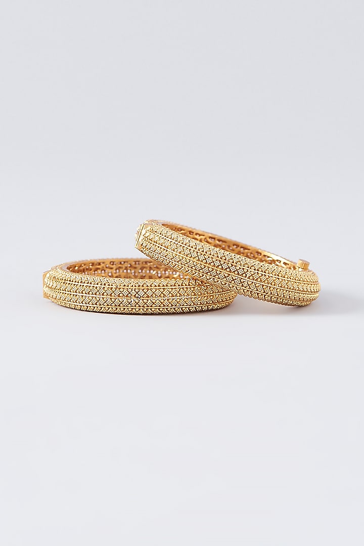 Gold Finish Kundan Polki Temple Bangles (Set Of 2) by VASTRAA Jewellery at Pernia's Pop Up Shop