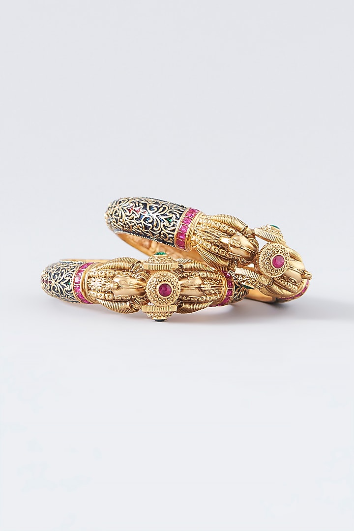 Gold Finish Kundan Polki Temple Bangles (Set of 2) by VASTRAA Jewellery at Pernia's Pop Up Shop