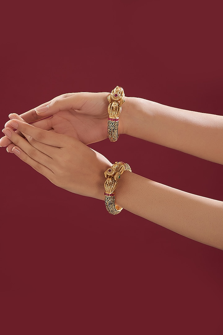 Gold Finish Kundan Polki Temple Bangles (Set of 2) by VASTRAA Jewellery at Pernia's Pop Up Shop