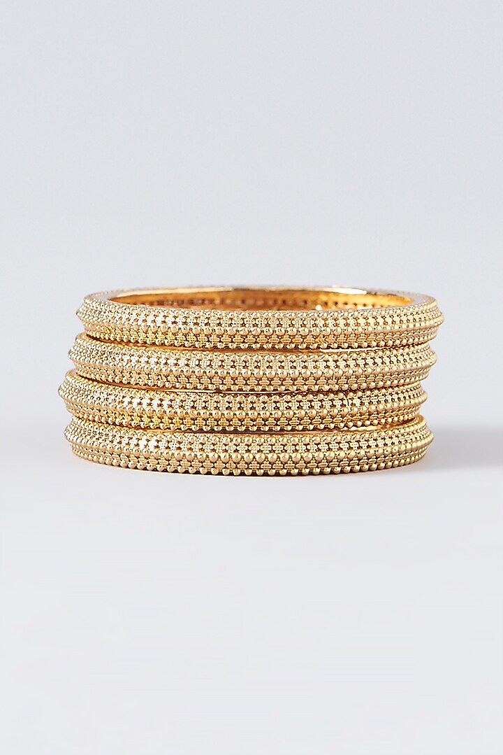 Gold Finish Kundan Polki Temple Bangles (Set Of 4) by VASTRAA Jewellery at Pernia's Pop Up Shop