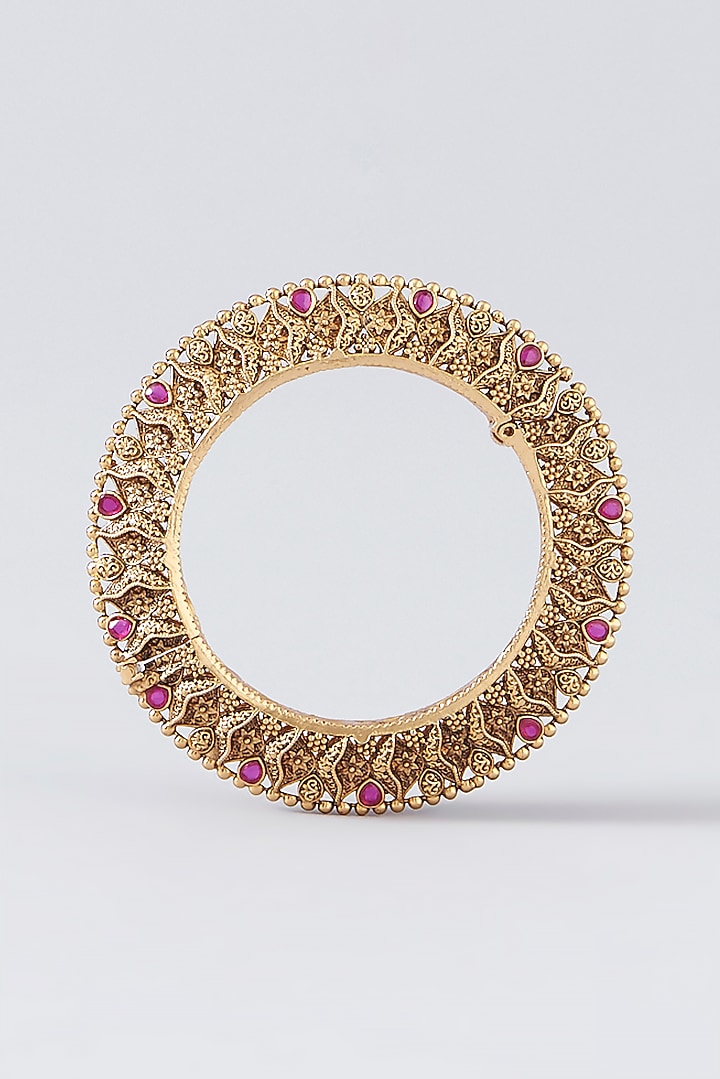 Gold Finish Kundan Polki Temple Bangles (Set Of 2) by VASTRAA Jewellery at Pernia's Pop Up Shop