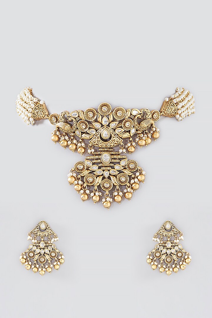 Gold Finish Kundan Polki & Pearl Choker Necklace Set by VASTRAA Jewellery at Pernia's Pop Up Shop