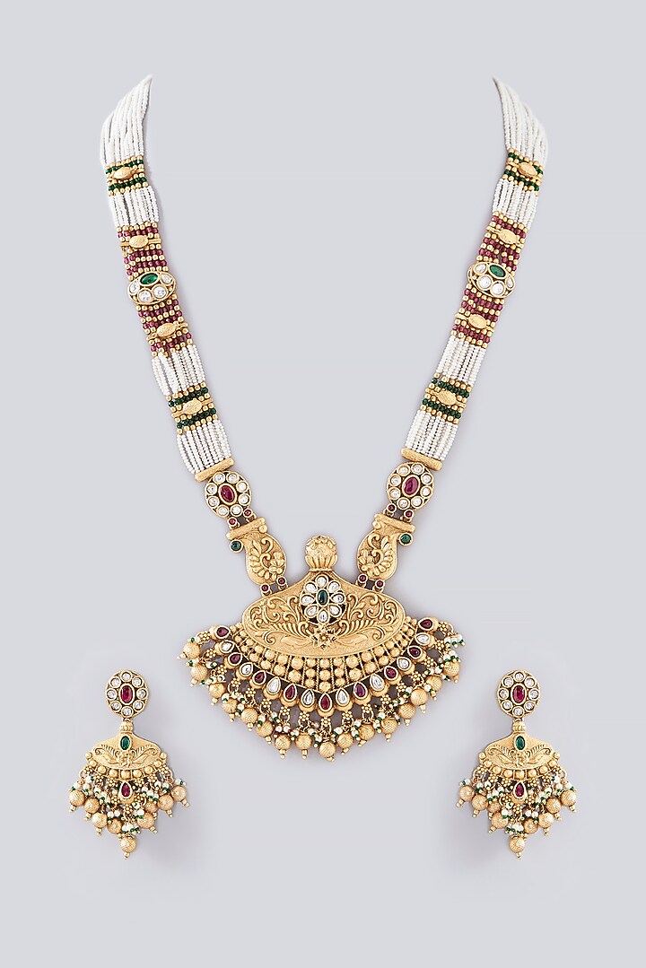 Gold Finish Kundan Polki & Pearl Long Temple Necklace Set by VASTRAA Jewellery at Pernia's Pop Up Shop