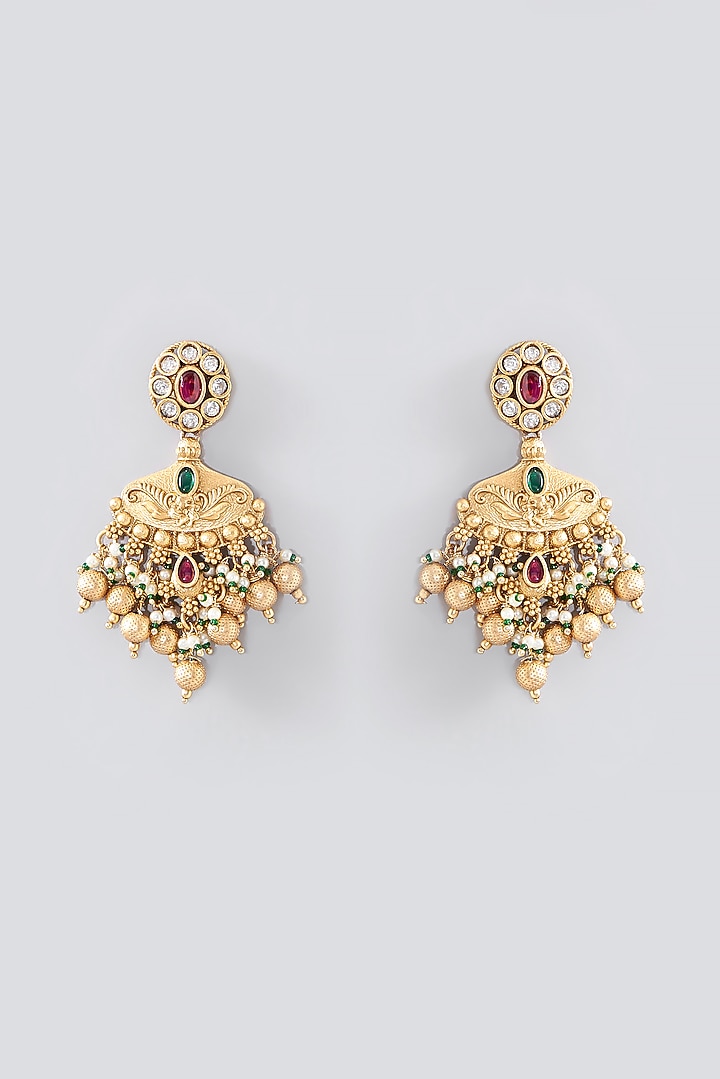 Gold Finish Kundan Polki & Pearl Long Temple Necklace Set by VASTRAA Jewellery at Pernia's Pop Up Shop