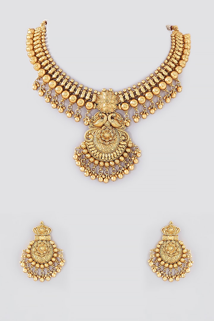 Gold Finish Kundan Polki Temple Necklace Set by VASTRAA Jewellery at Pernia's Pop Up Shop