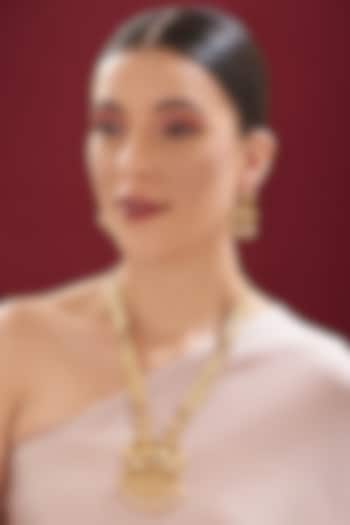 Gold Finish Kundan Polki & Ruby Long Temple Necklace Set by VASTRAA Jewellery at Pernia's Pop Up Shop