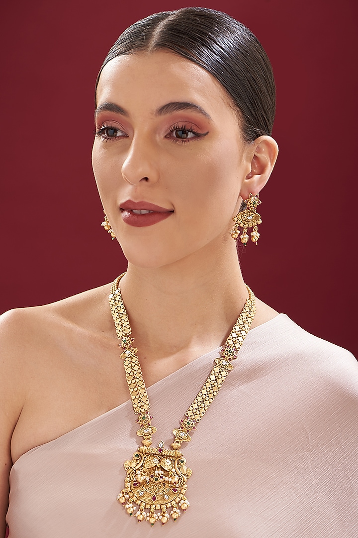 Gold Finish Kundan Polki & Ruby Long Temple Necklace Set by VASTRAA Jewellery at Pernia's Pop Up Shop