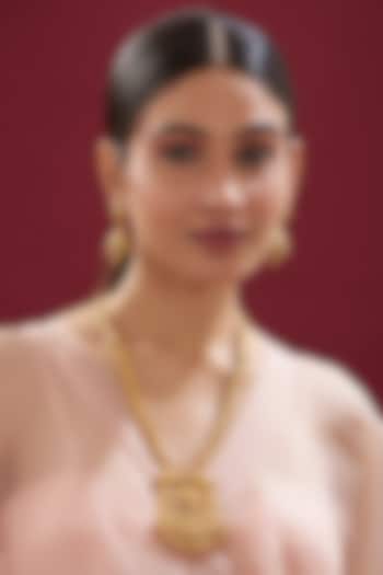 Gold Finish Kundan Polki & Ruby Long Temple Necklace Set by VASTRAA Jewellery at Pernia's Pop Up Shop