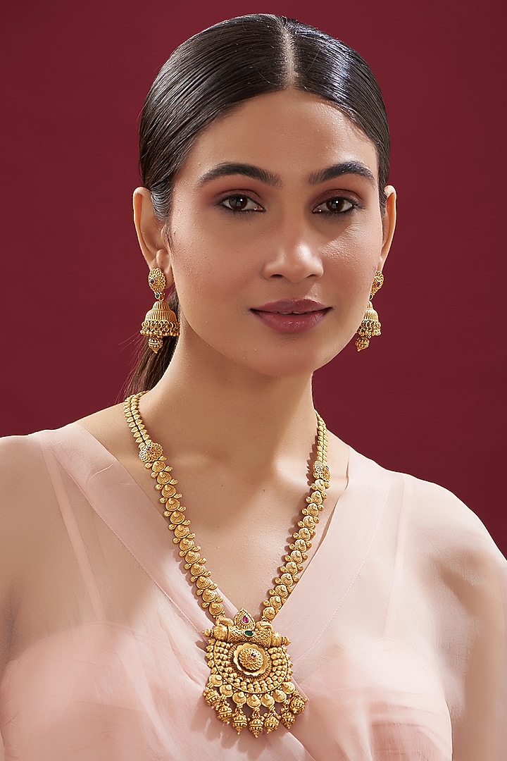 Gold Finish Kundan Polki & Ruby Long Temple Necklace Set by VASTRAA Jewellery at Pernia's Pop Up Shop