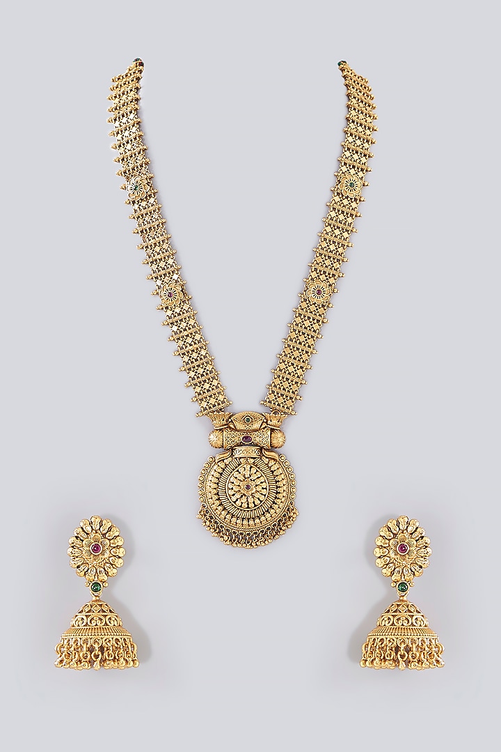 Gold Finish Kundan Polki & Emerald Long Temple Necklace Set by VASTRAA Jewellery at Pernia's Pop Up Shop