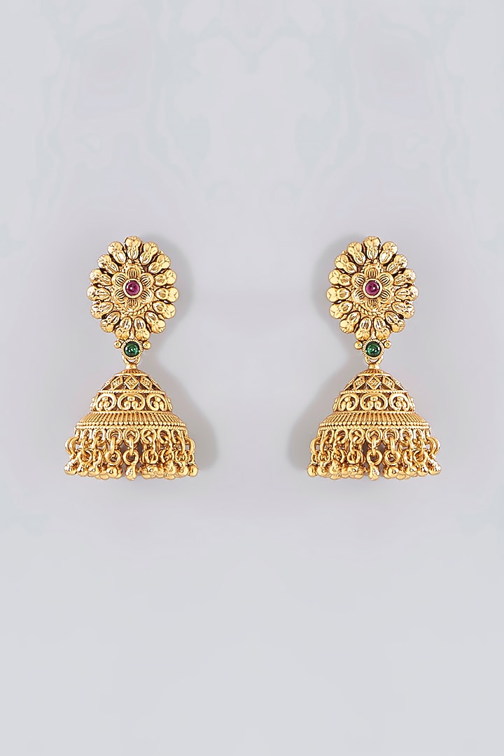 Gold Finish Kundan Polki & Emerald Long Temple Necklace Set by VASTRAA Jewellery at Pernia's Pop Up Shop