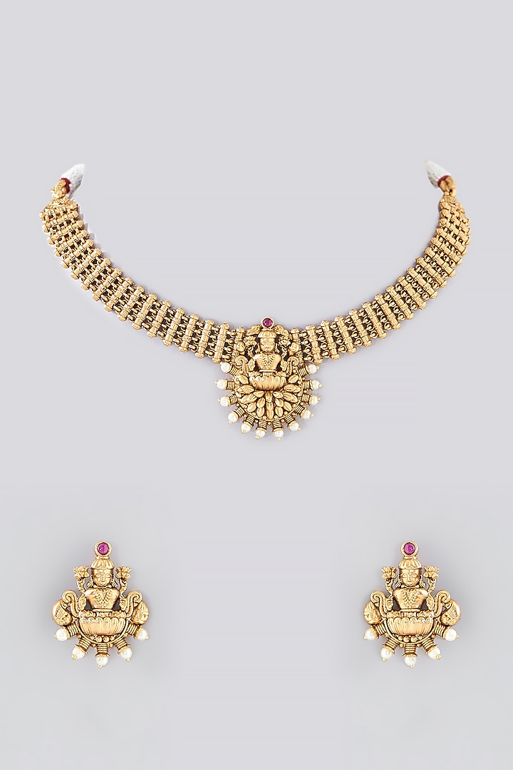 Gold Finish Kundan Polki Temple Necklace Set by VASTRAA Jewellery at Pernia's Pop Up Shop