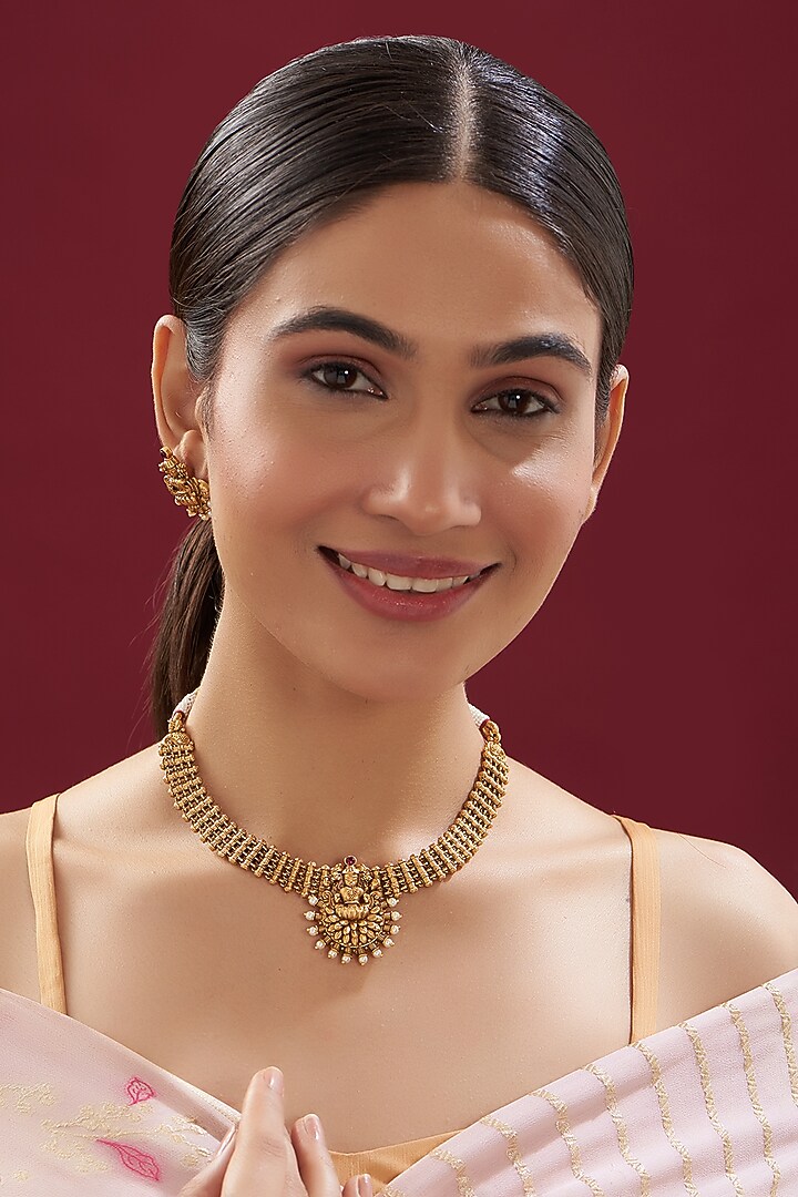 Gold Finish Kundan Polki Temple Necklace Set by VASTRAA Jewellery at Pernia's Pop Up Shop