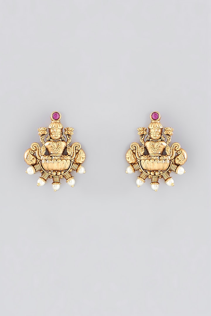 Gold Finish Kundan Polki Temple Necklace Set by VASTRAA Jewellery at Pernia's Pop Up Shop