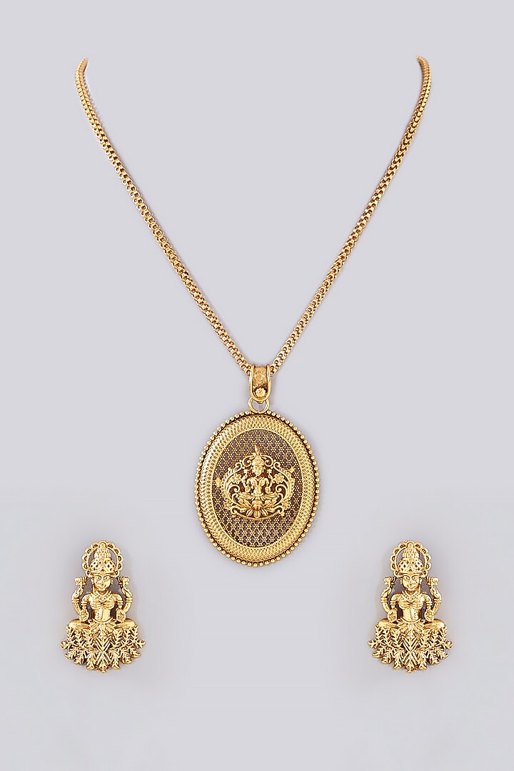 Gold Finish Kundan Polki Temple long Necklace Set by VASTRAA Jewellery at Pernia's Pop Up Shop