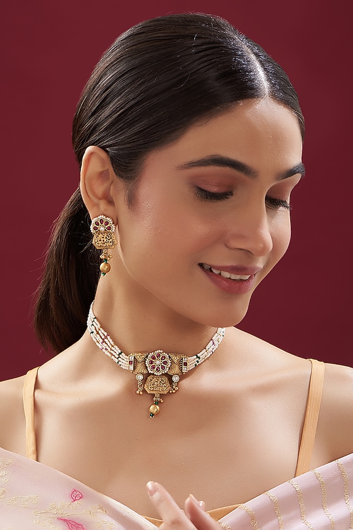 Gold Finish Kundan Polki & Pearl Temple Choker Necklace Set by VASTRAA Jewellery at Pernia's Pop Up Shop