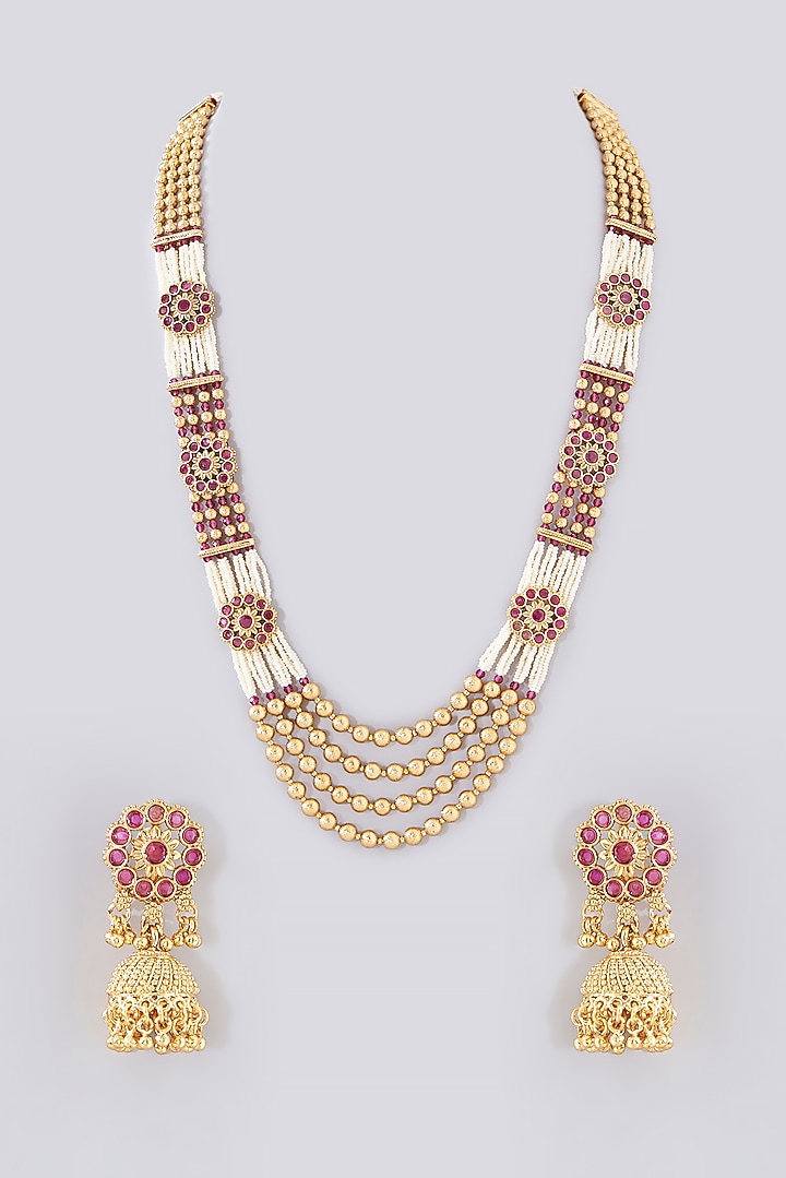 Gold Finish Kundan Polki & Beaded Temple Mala Set by VASTRAA Jewellery at Pernia's Pop Up Shop