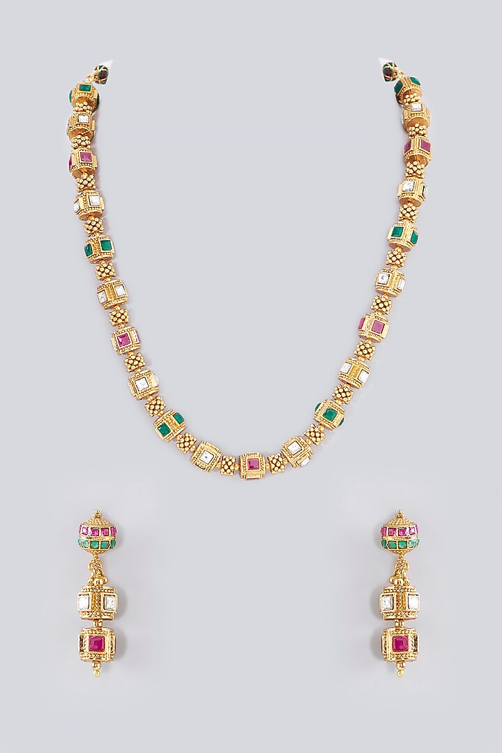 Gold Finish Kundan Polki Temple Mala Set by VASTRAA Jewellery at Pernia's Pop Up Shop