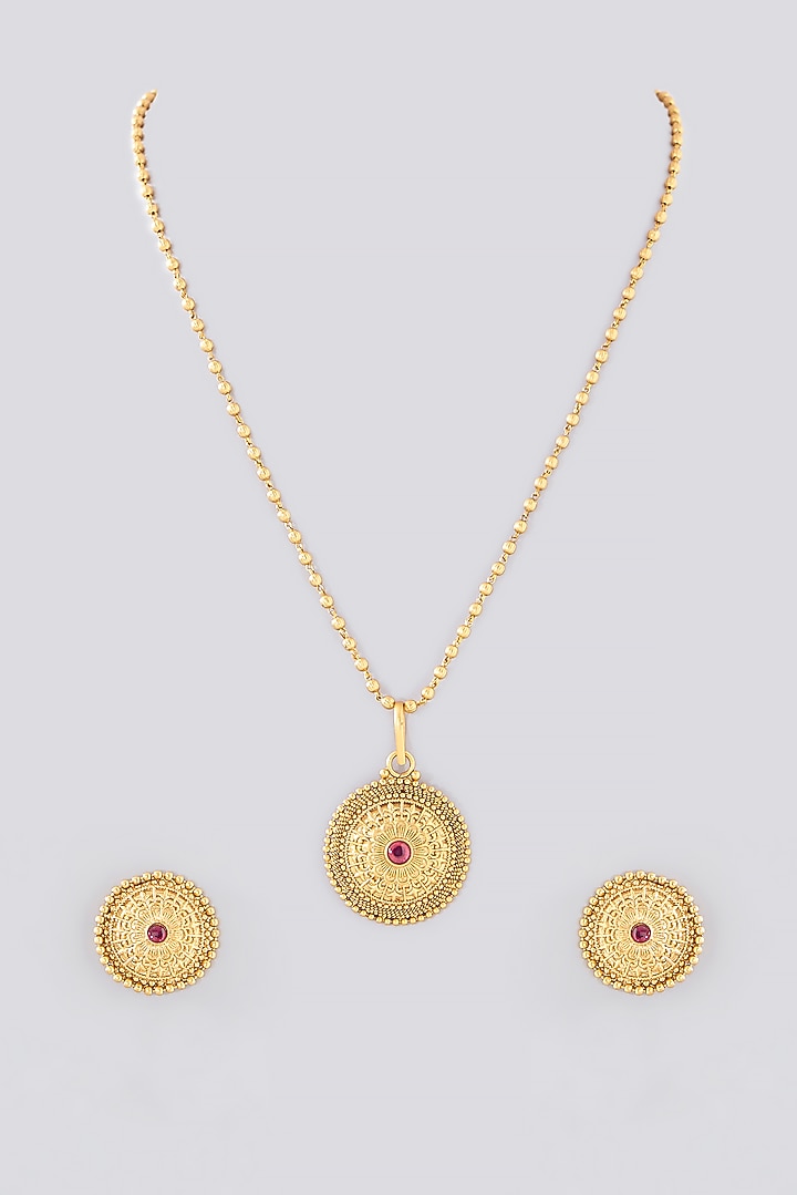Gold Finish Ruby Temple long Necklace Set by VASTRAA Jewellery at Pernia's Pop Up Shop