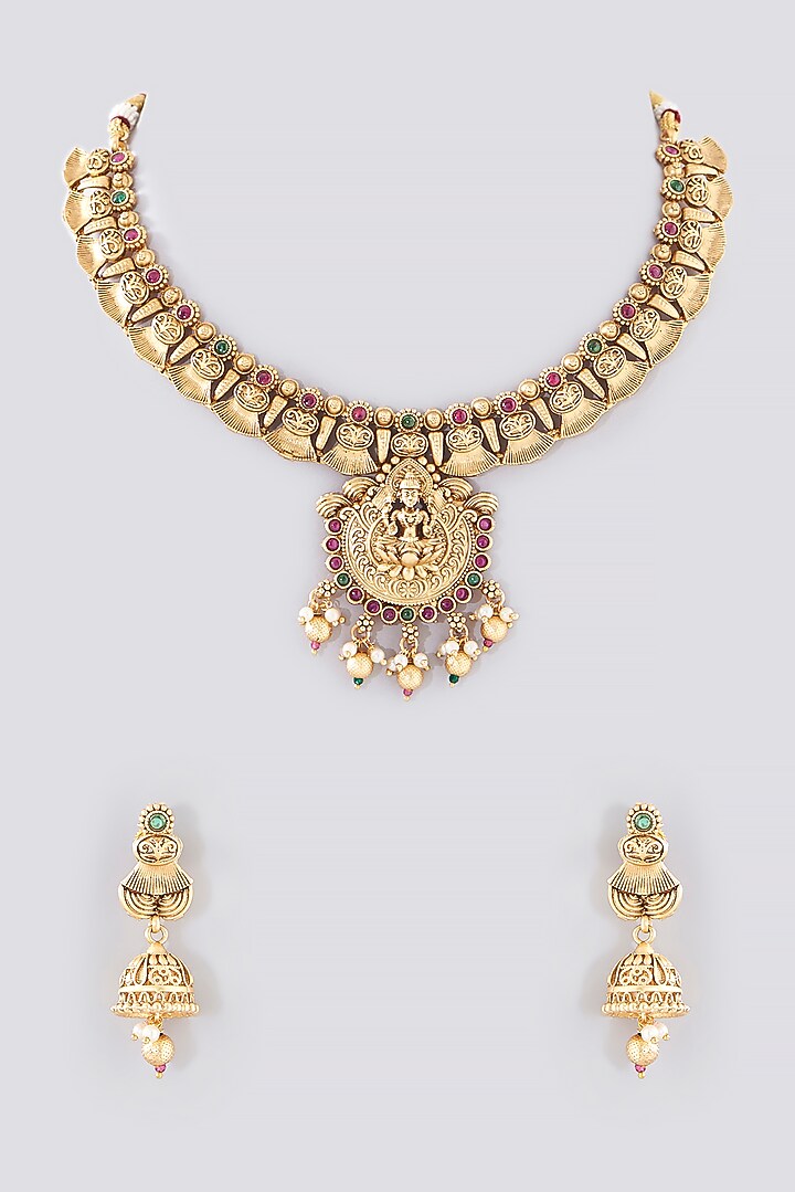 Gold Finish Kundan Polki Temple Necklace Set by VASTRAA Jewellery at Pernia's Pop Up Shop