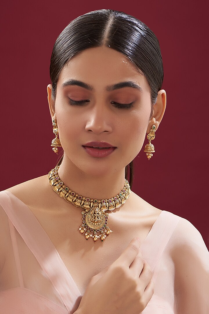 Gold Finish Kundan Polki Temple Necklace Set by VASTRAA Jewellery at Pernia's Pop Up Shop