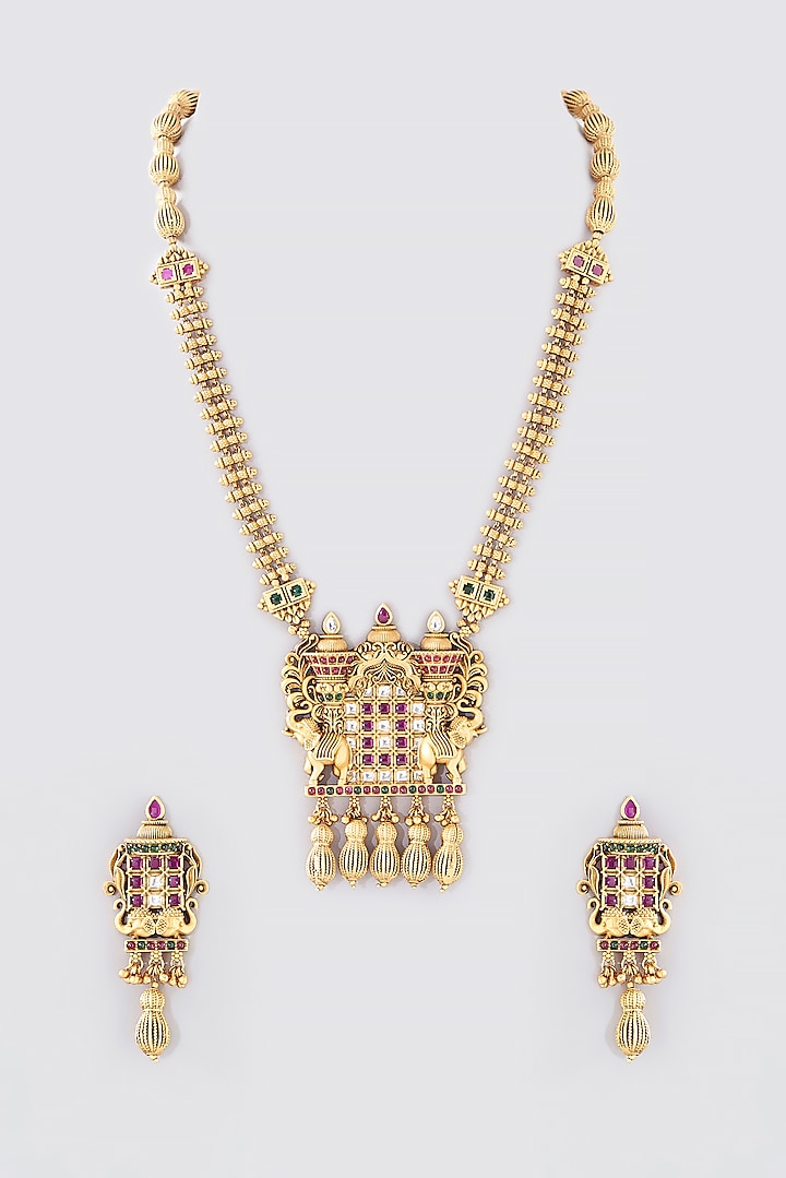 Gold Finish Kundan Polki & Ruby Long Temple Necklace Set by VASTRAA Jewellery at Pernia's Pop Up Shop