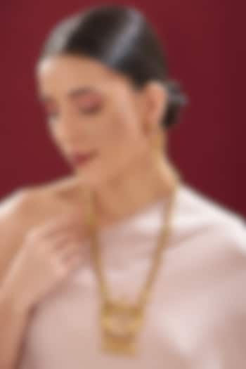 Gold Finish Kundan Polki & Ruby Long Temple Necklace Set by VASTRAA Jewellery at Pernia's Pop Up Shop