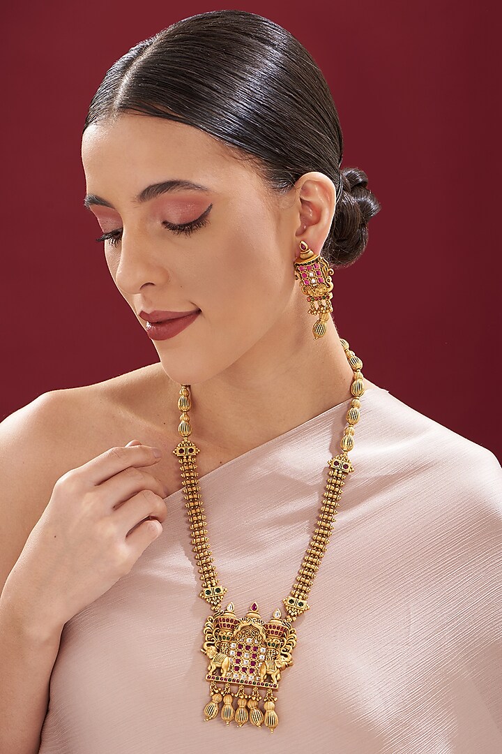 Gold Finish Kundan Polki & Ruby Long Temple Necklace Set by VASTRAA Jewellery at Pernia's Pop Up Shop
