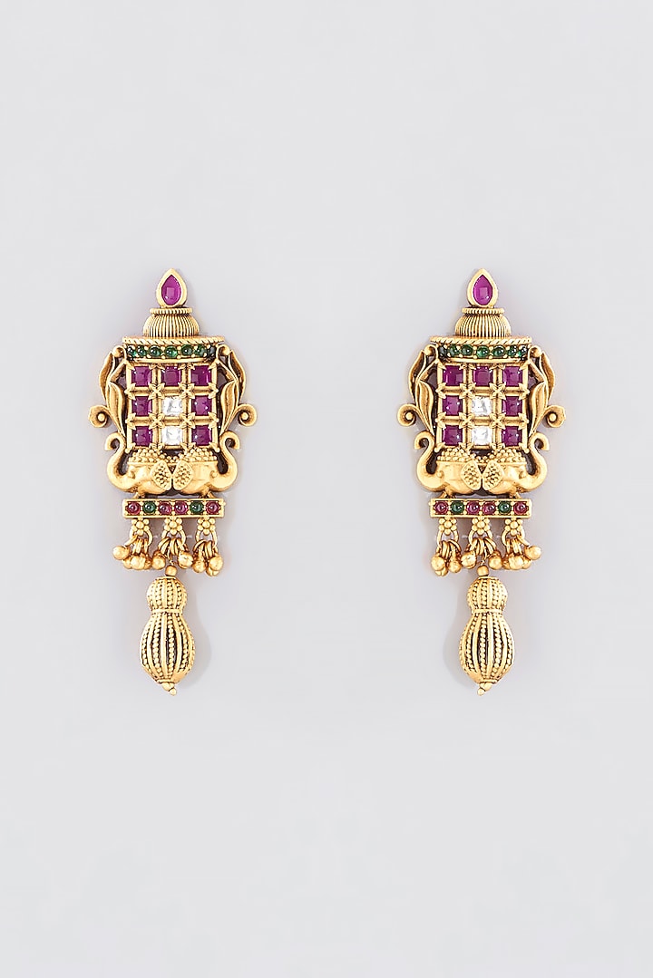 Gold Finish Kundan Polki & Ruby Long Temple Necklace Set by VASTRAA Jewellery at Pernia's Pop Up Shop