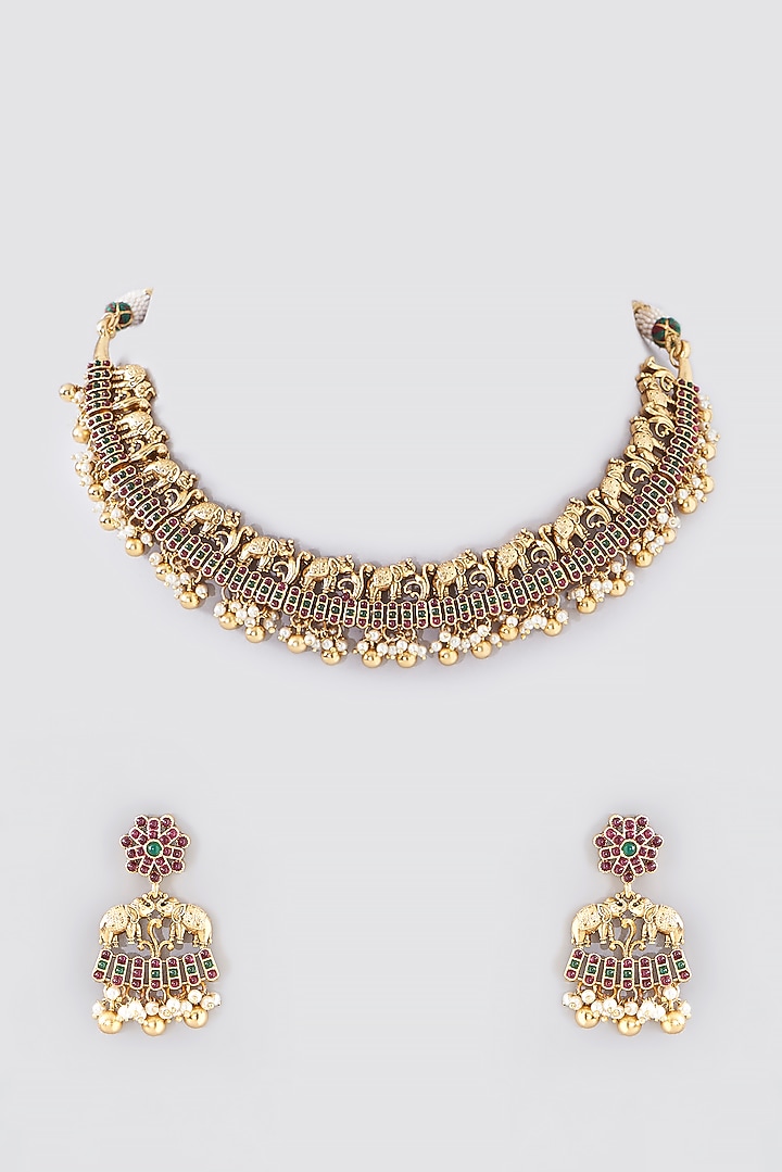 Gold Finish Kundan Polki Temple Necklace Set by VASTRAA Jewellery at Pernia's Pop Up Shop