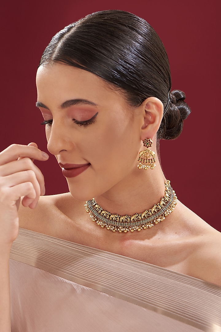 Gold Finish Kundan Polki Temple Necklace Set by VASTRAA Jewellery at Pernia's Pop Up Shop