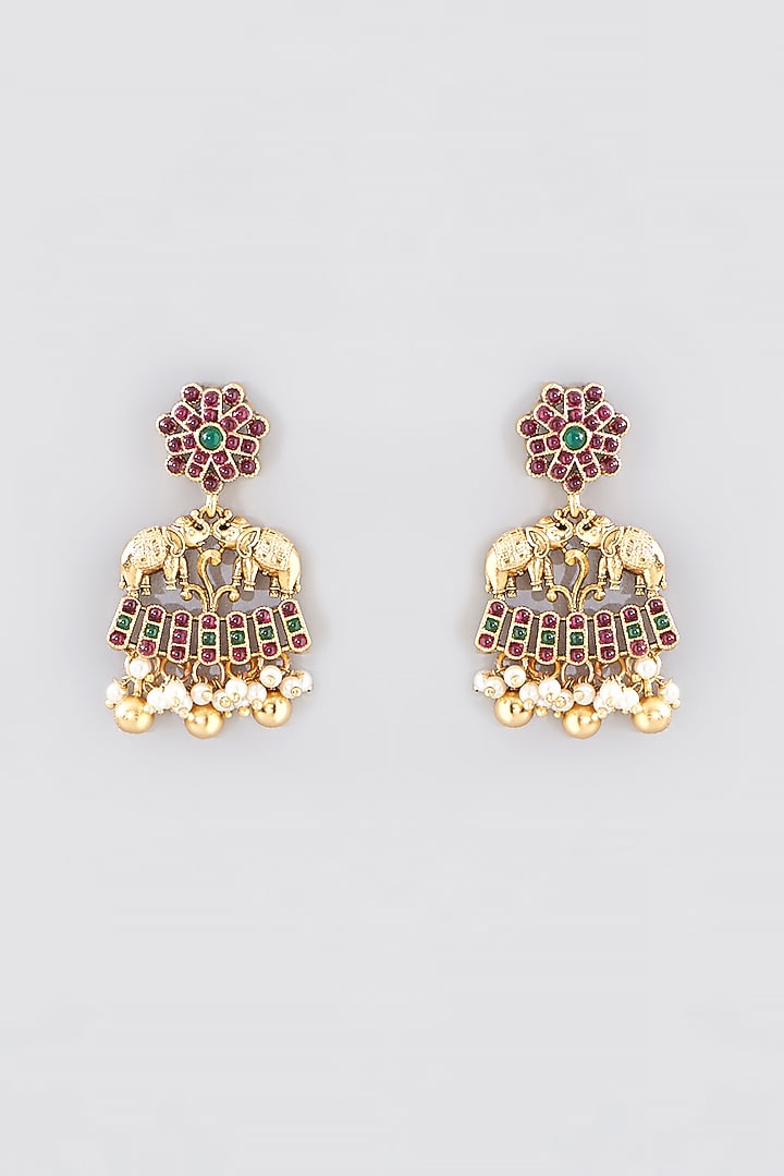 Gold Finish Kundan Polki Temple Necklace Set by VASTRAA Jewellery at Pernia's Pop Up Shop