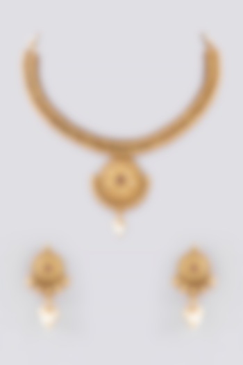 Gold Finish Kundan Polki & Ruby Temple Necklace Set by VASTRAA Jewellery at Pernia's Pop Up Shop