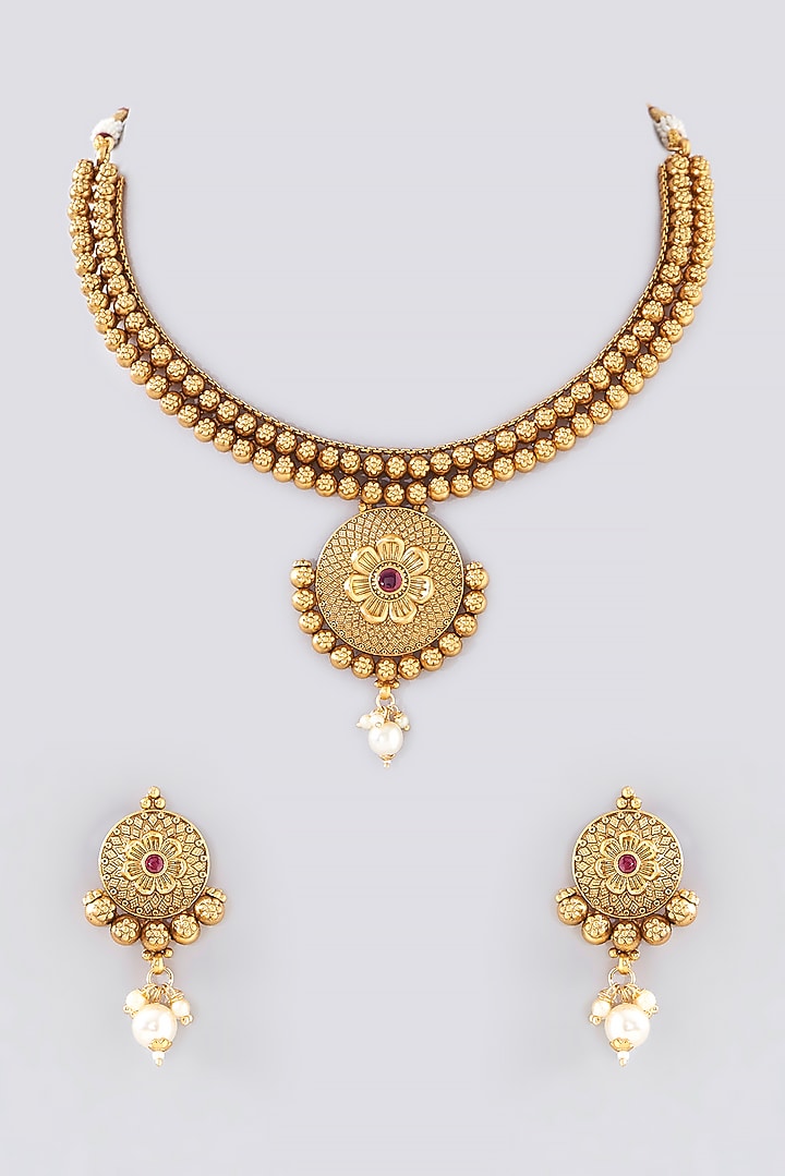 Gold Finish Kundan Polki & Ruby Temple Necklace Set by VASTRAA Jewellery at Pernia's Pop Up Shop
