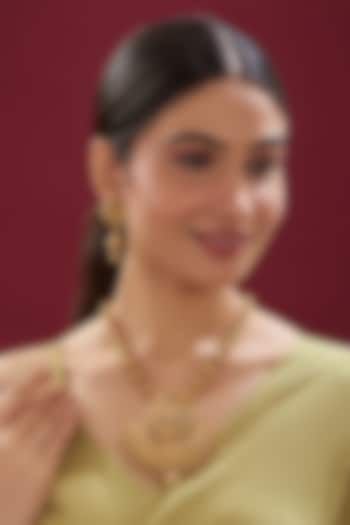 Gold Finish Kundan Polki Long Temple Necklace Set by VASTRAA Jewellery at Pernia's Pop Up Shop