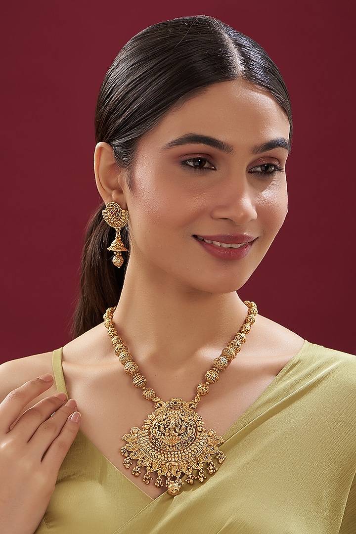 Gold Finish Kundan Polki Long Temple Necklace Set by VASTRAA Jewellery at Pernia's Pop Up Shop
