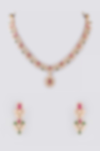 Gold Finish Kundan Polki & Ruby Temple Necklace Set by VASTRAA Jewellery at Pernia's Pop Up Shop