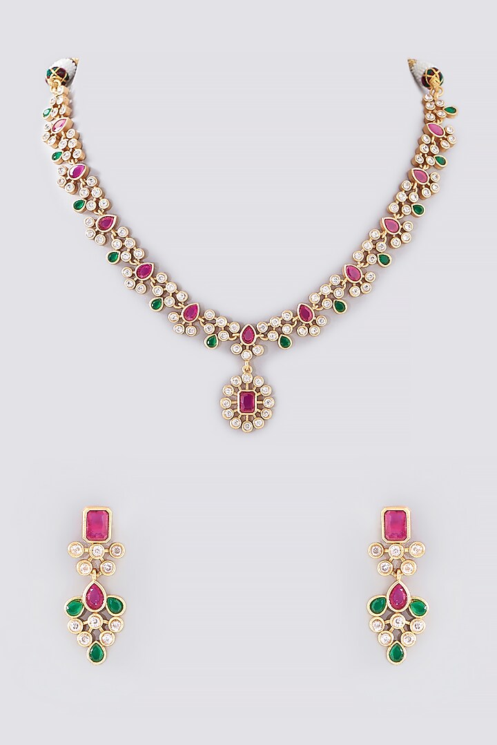 Gold Finish Kundan Polki & Ruby Temple Necklace Set by VASTRAA Jewellery at Pernia's Pop Up Shop