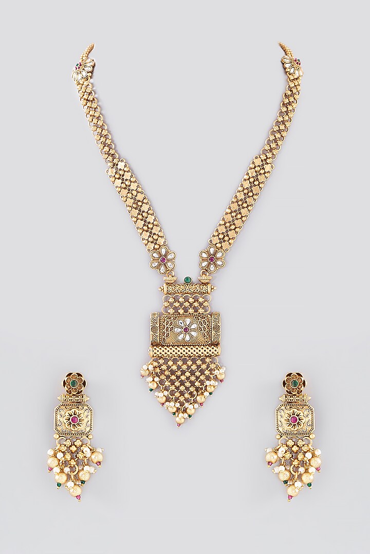 Gold Finish Kundan Polki Long Temple Necklace Set by VASTRAA Jewellery at Pernia's Pop Up Shop