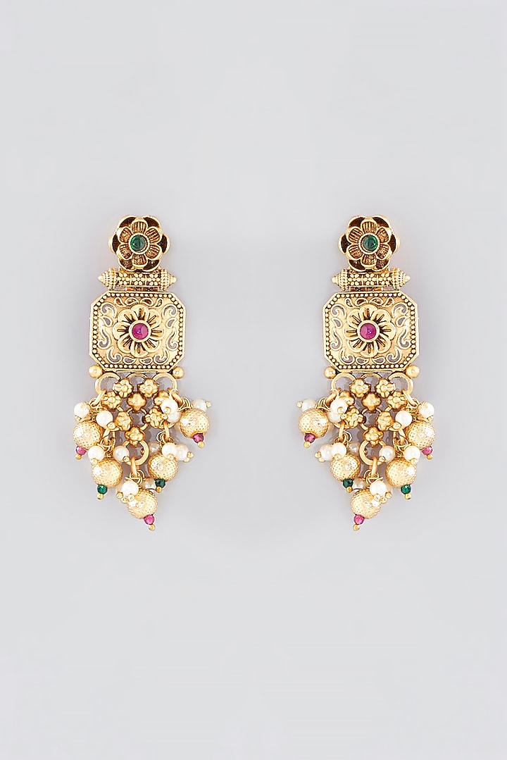 Gold Finish Kundan Polki Long Temple Necklace Set by VASTRAA Jewellery at Pernia's Pop Up Shop