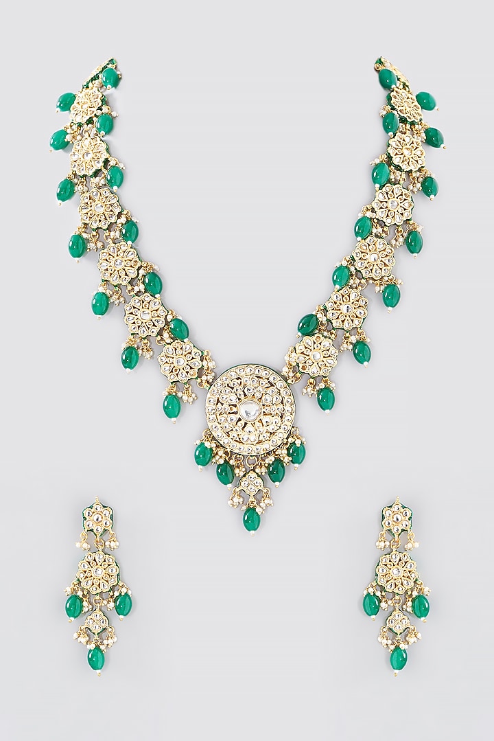 Gold Finish Kundan Polki & Green Beaded Long Necklace Set by VASTRAA Jewellery at Pernia's Pop Up Shop