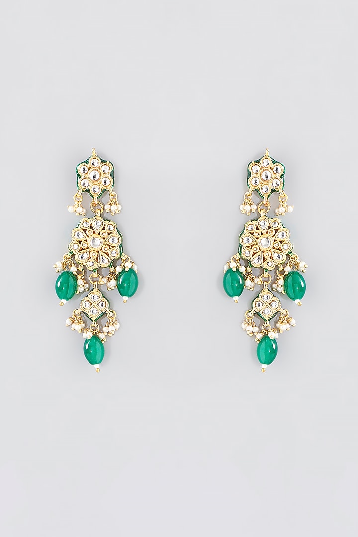 Gold Finish Kundan Polki & Green Beaded Long Necklace Set by VASTRAA Jewellery at Pernia's Pop Up Shop