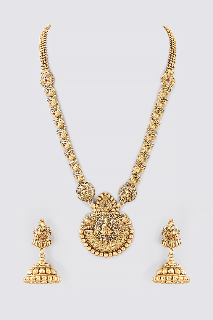 Gold Finish Kundan Polki Long Temple Necklace Set by VASTRAA Jewellery at Pernia's Pop Up Shop