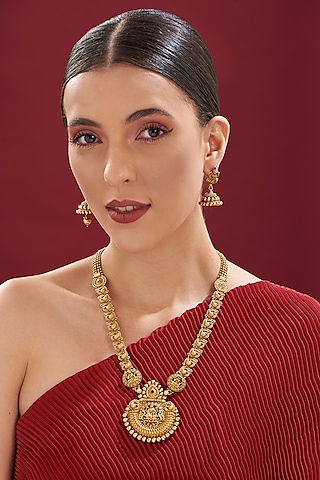Gold Finish Kundan Polki Long Temple Necklace Set by VASTRAA Jewellery