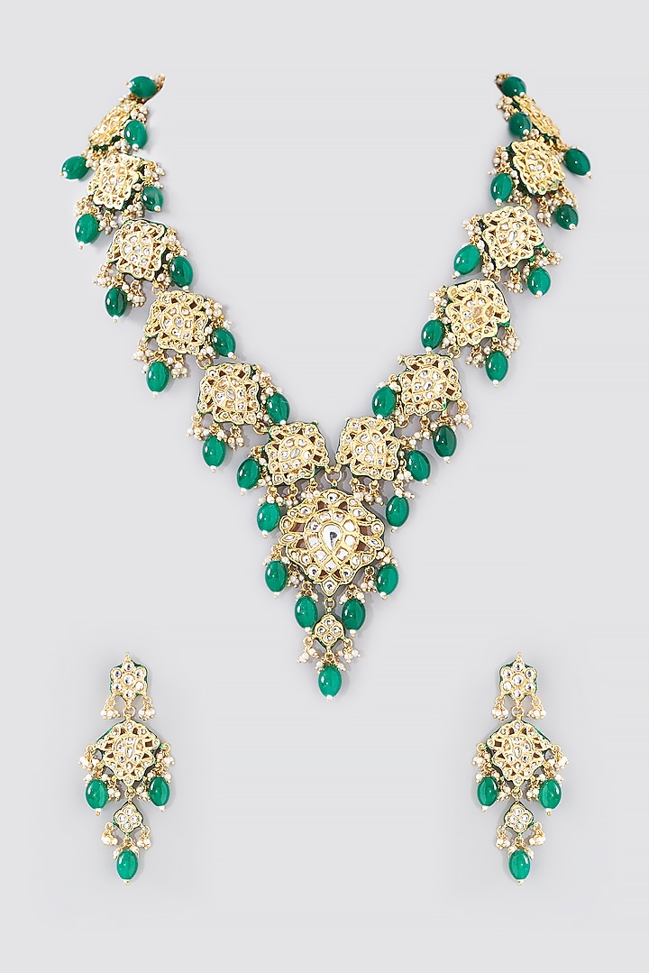 Gold Finish Kundan Polki & Green Beaded Long Necklace Set by VASTRAA Jewellery at Pernia's Pop Up Shop