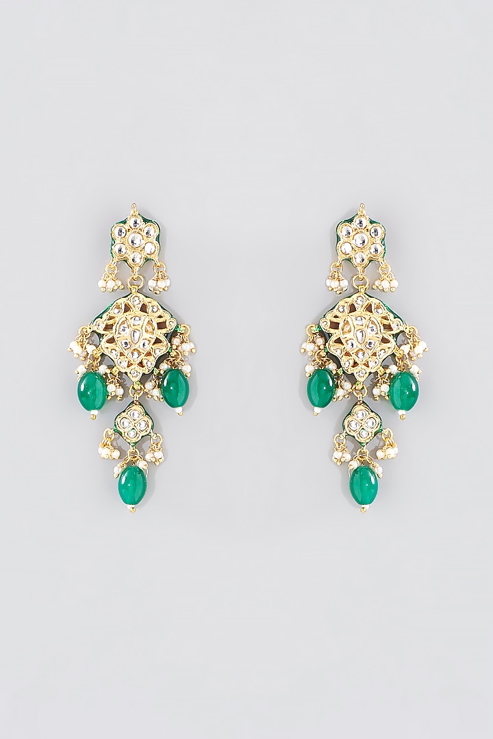 Gold Finish Kundan Polki & Green Beaded Long Necklace Set by VASTRAA Jewellery at Pernia's Pop Up Shop