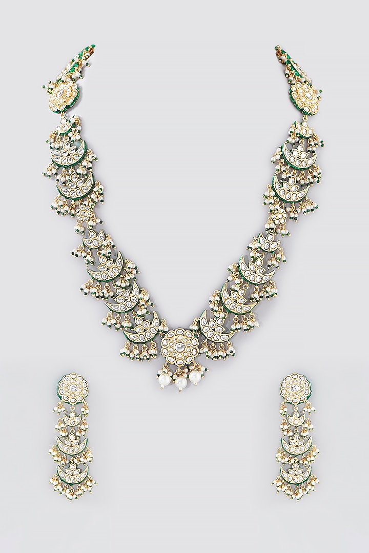 Gold Finish Kundan Polki & Green Beaded Long Necklace Set by VASTRAA Jewellery at Pernia's Pop Up Shop